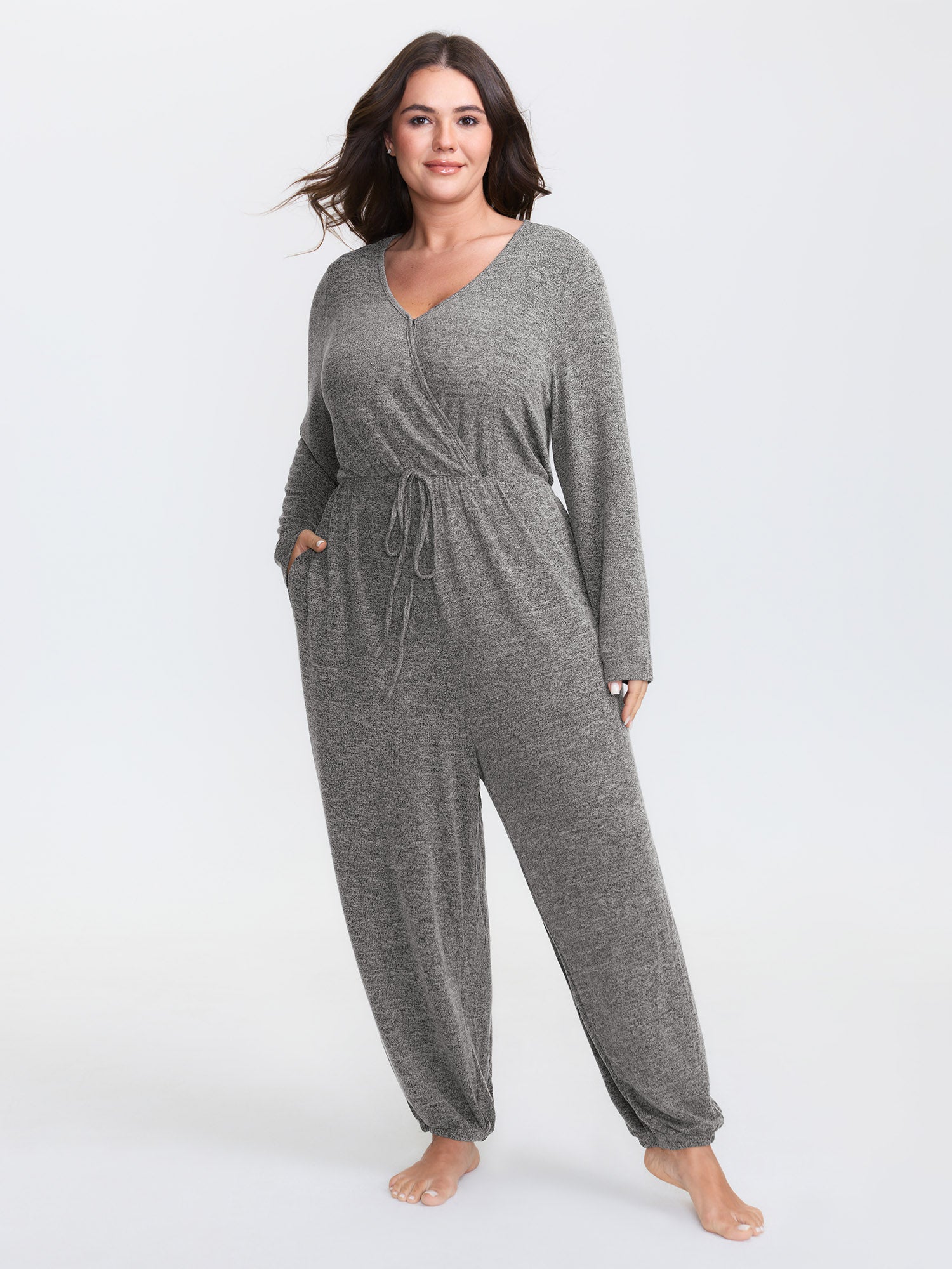 Elastic Waist Overlap Collar Lounge Jumpsuit