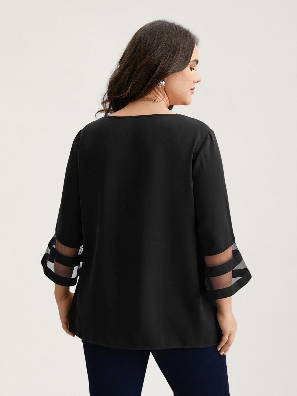 Sheer Sleeve Patchwork Asymmetrical Neckline Blouse