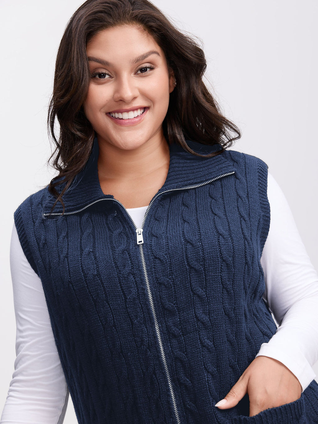 Cable Zipper Sleeveless Knit Cardigan