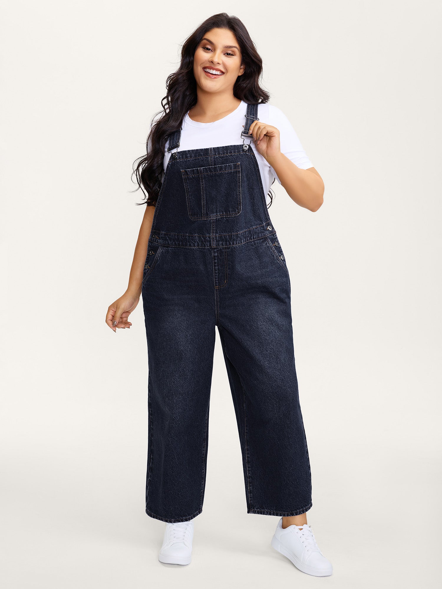 Cotton Relaxed-Fit Side Button Overall Denim Jumpsuit