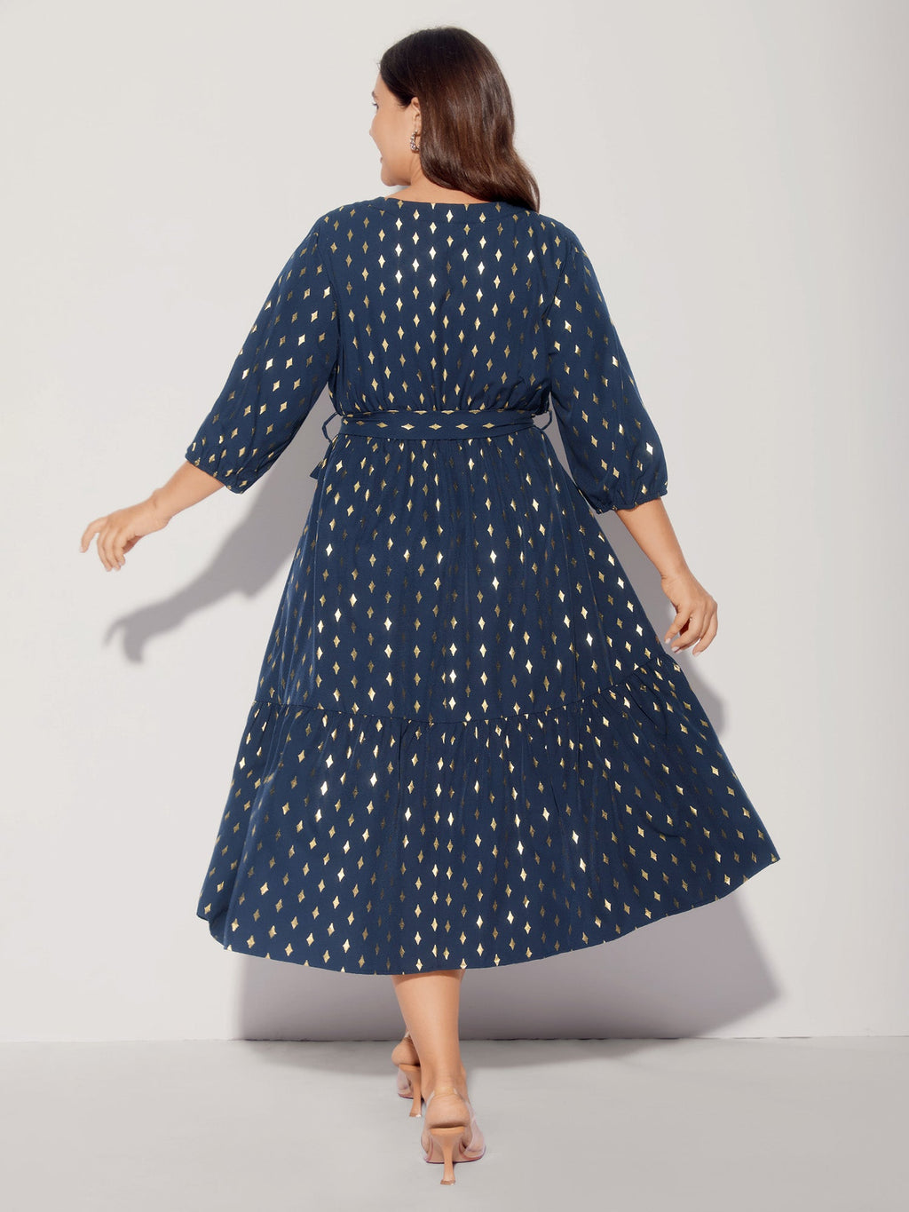 Glitter Notched Lantern Sleeve Midi Dress