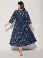 Glitter Notched Lantern Sleeve Midi Dress