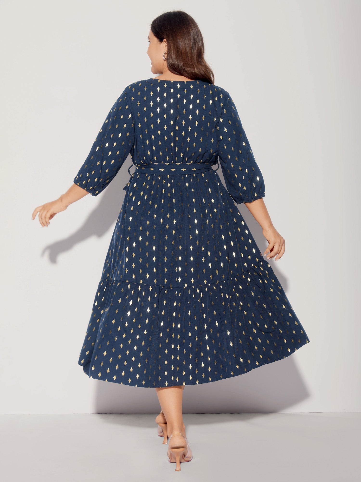 Glitter Notched Lantern Sleeve Midi Dress