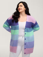 Colorblock Contrast Texture Button Cardigan