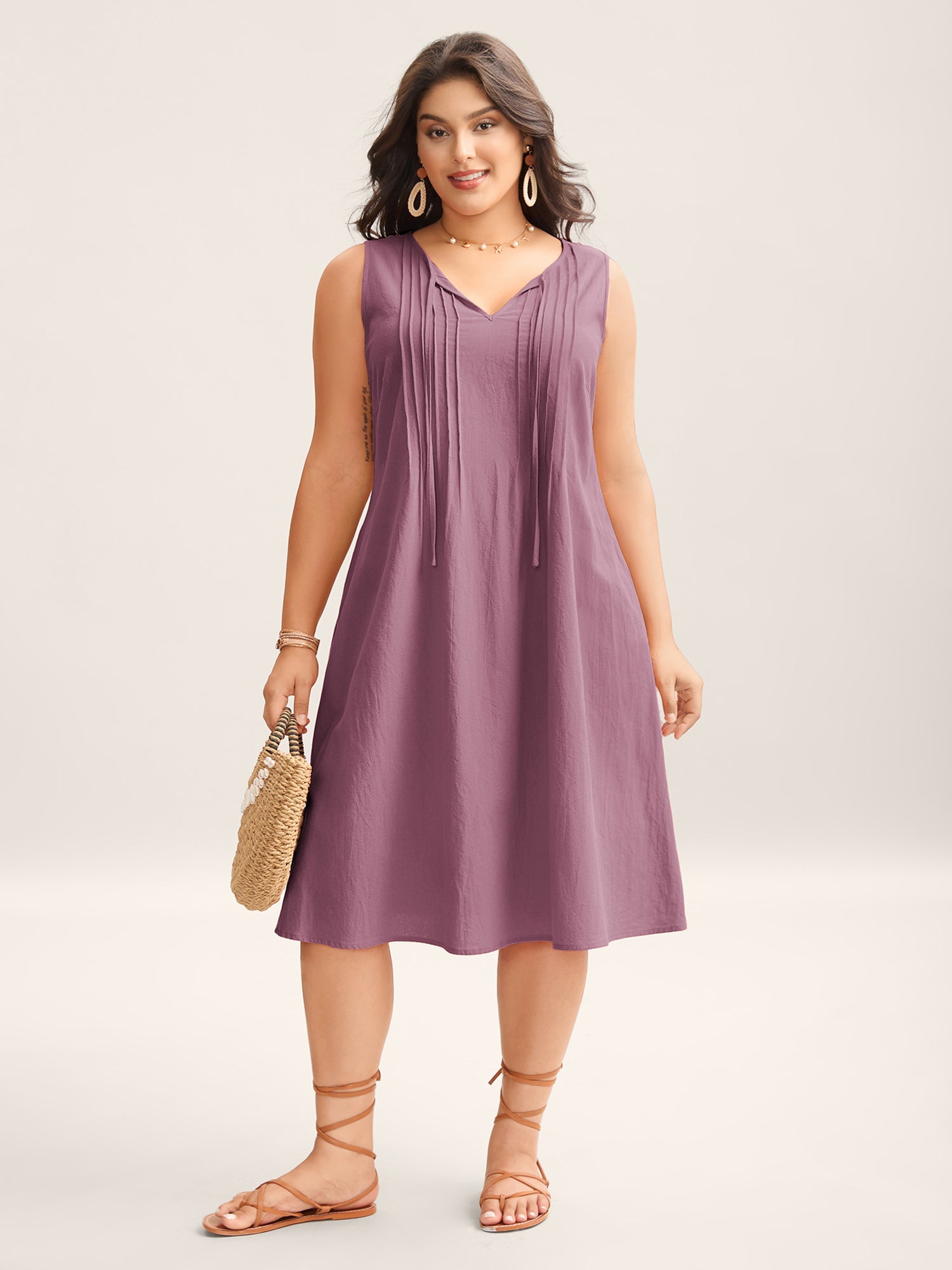 Cotton Toothpick Pleat Plain Midi Dress