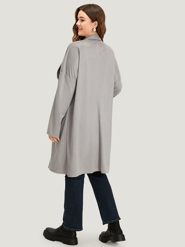 Solid Lapel Collar Patched Pocket Faux Suede Coat