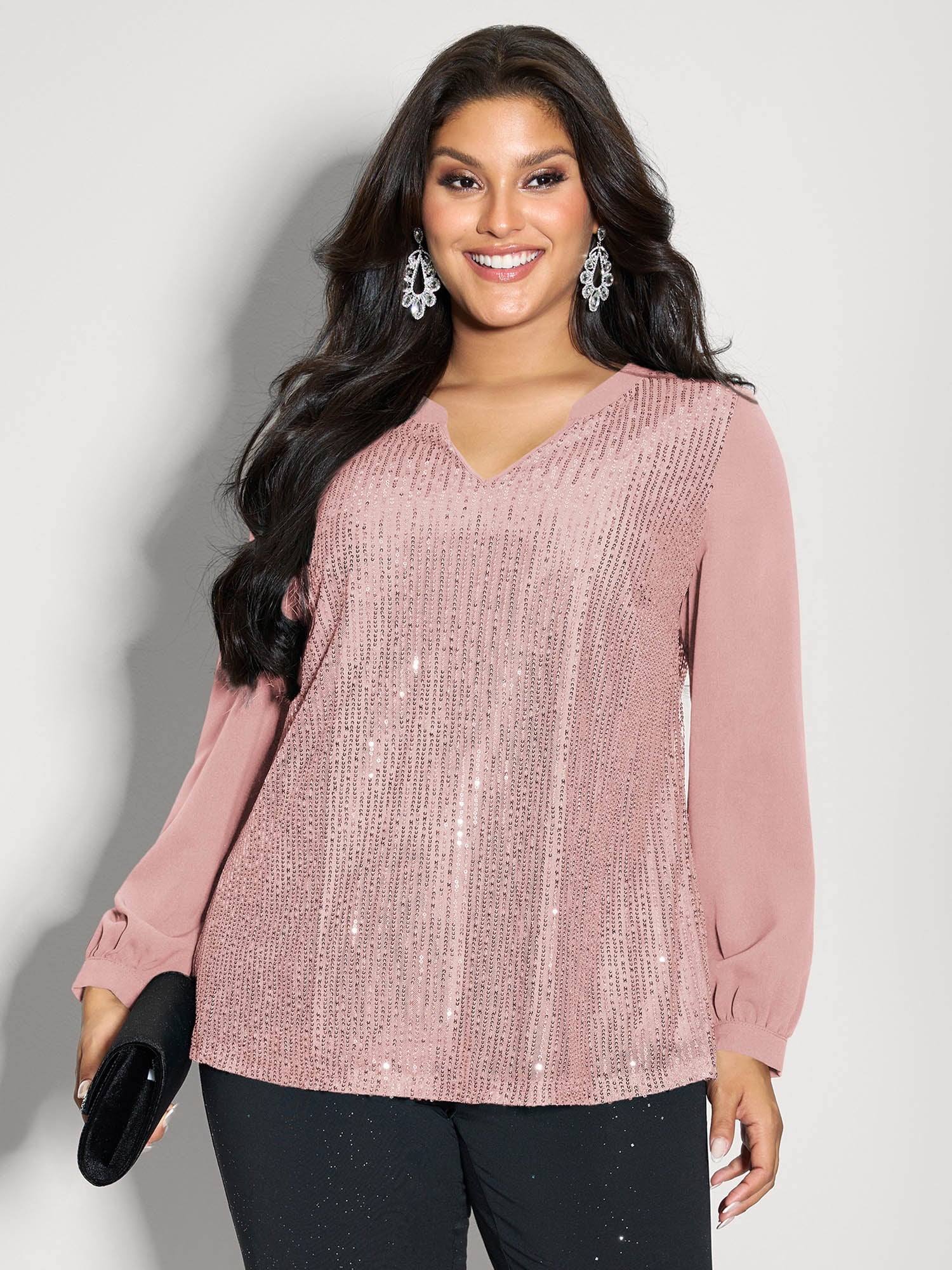 Shimmery Sequin Notched Collar Blouse