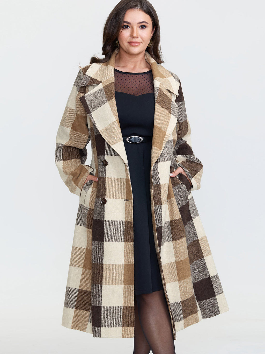 Plaid Lapel Double Breasted Belted Waist Coat