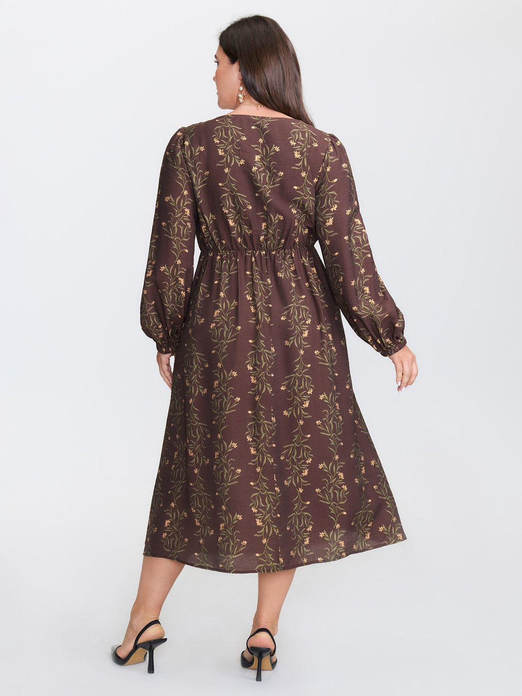 Floral Print Button Detail Round Neck Midi Dress