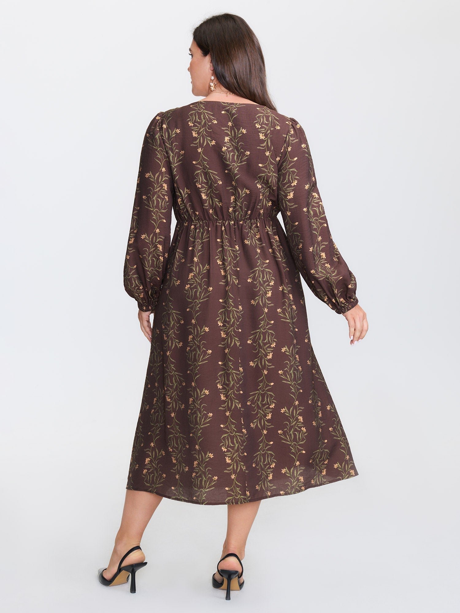 Floral Print Button Detail Round Neck Midi Dress