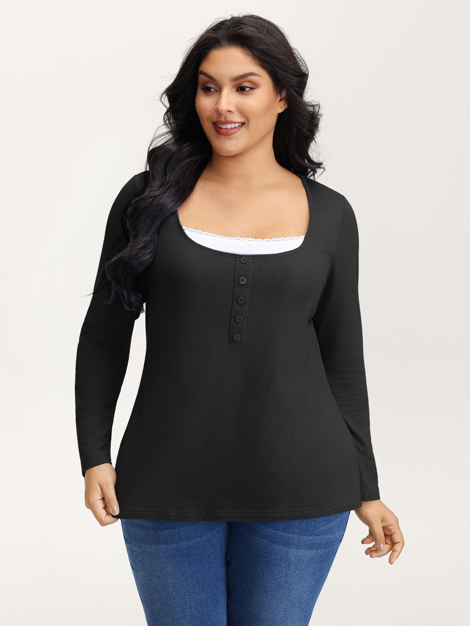 Button Placket Lace Scoop Neck T-Shirt