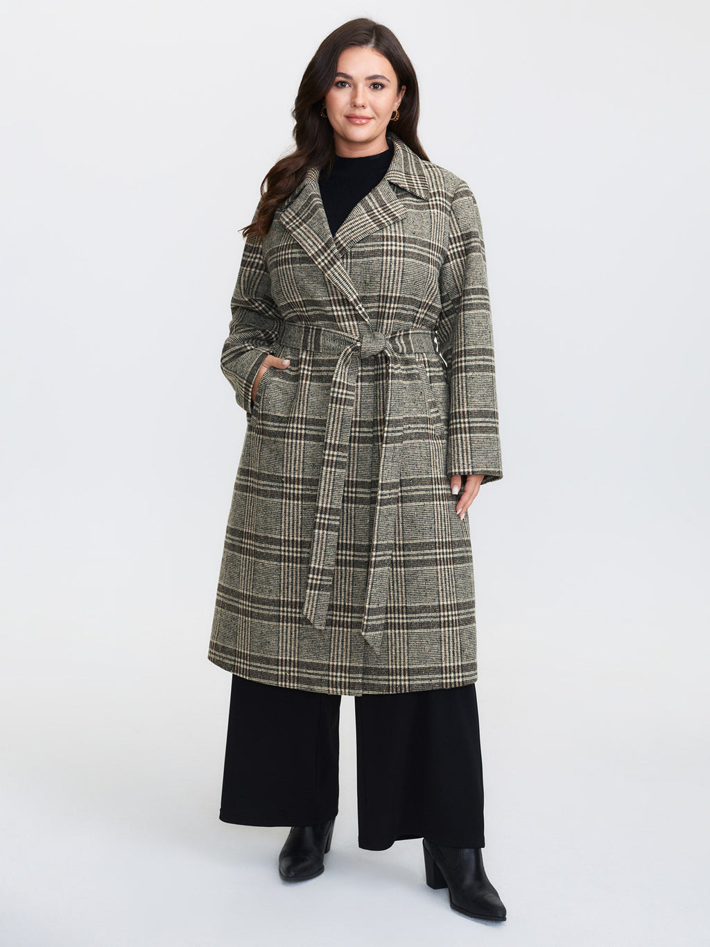 Plaid Belted Waist-Defining Coat