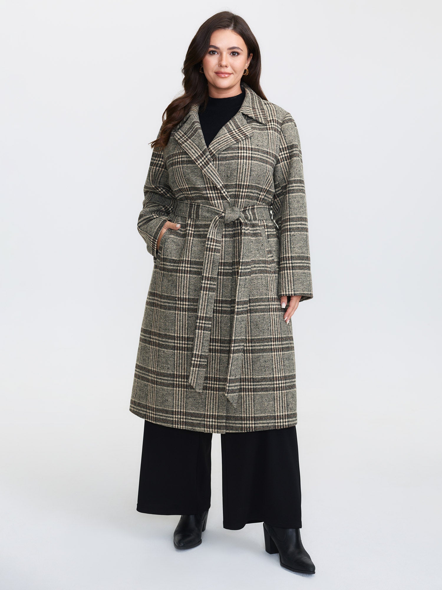 Plaid Belted Waist-Defining Coat