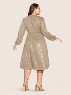 Solid Pocket Lantern Sleeve Wrap Sequin Dress
