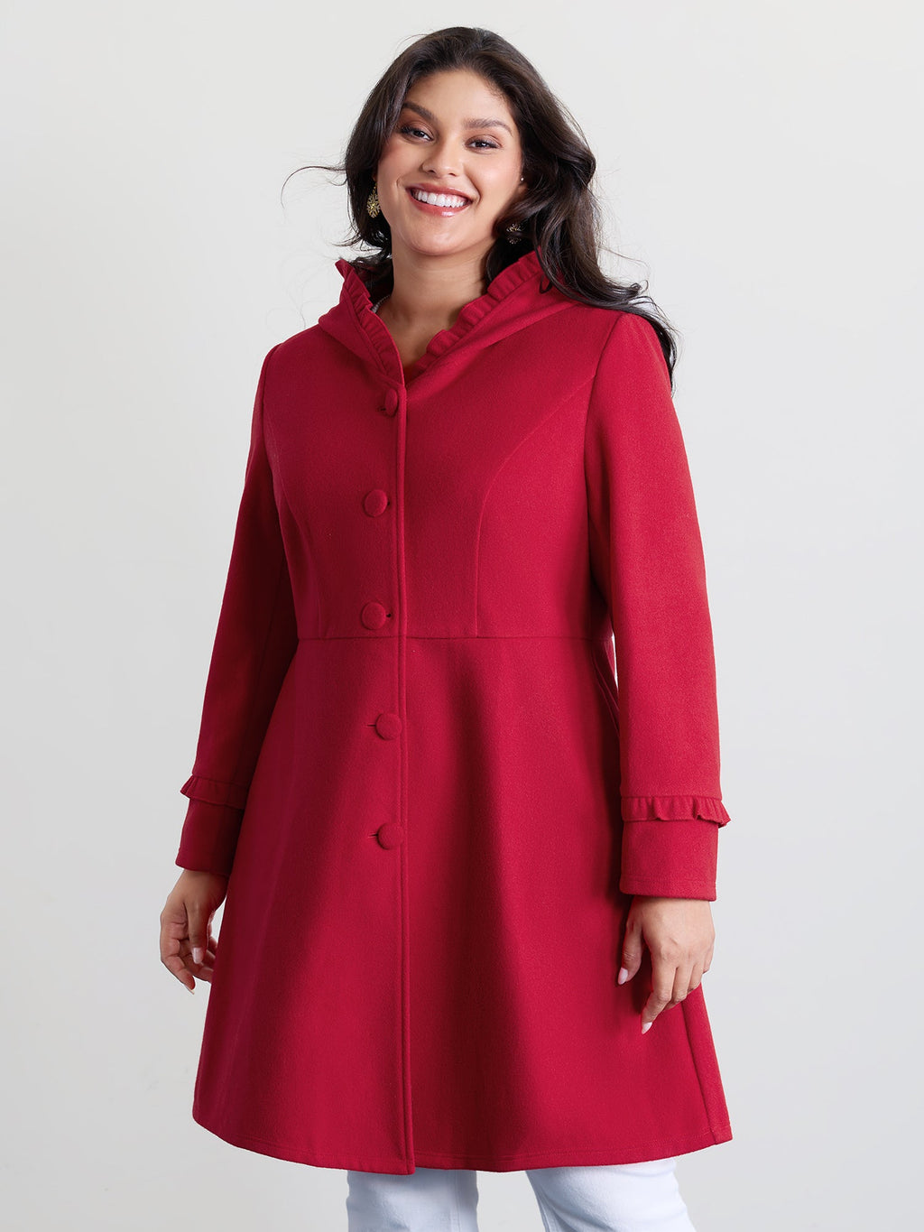 Ruffle Trim Waist-Defining Pockets Coat