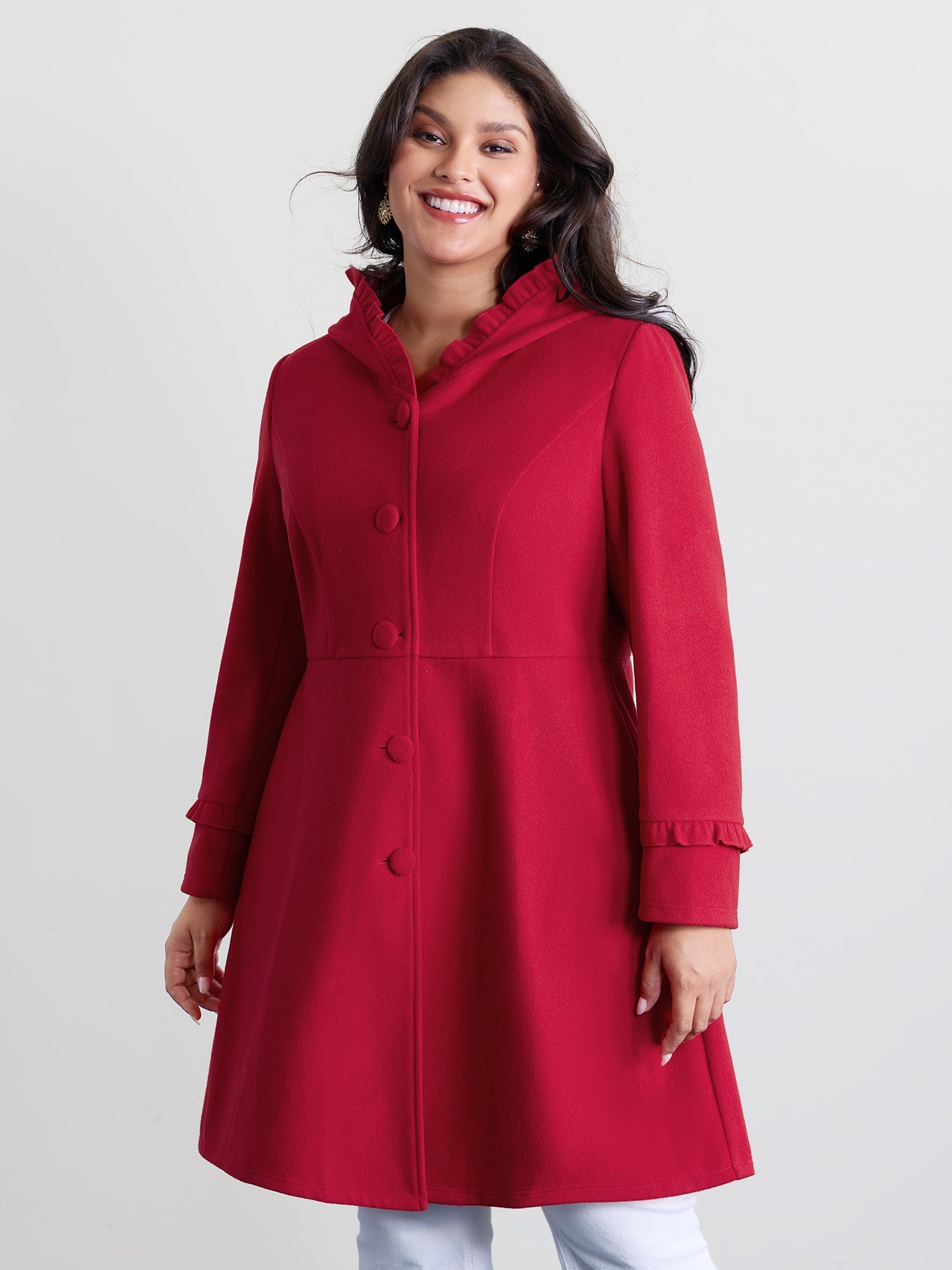 Ruffle Trim Waist-Defining Pockets Coat