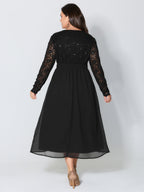 Sheer Lace V-Neck Shirred Waist Midi Dress
