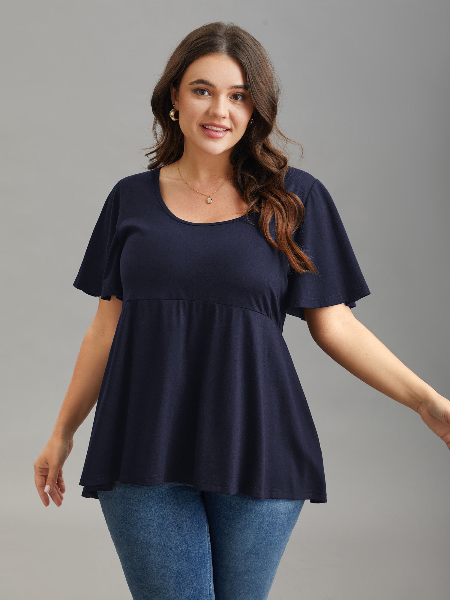 Ruffled Sleeve Round Neck Babydoll Top
