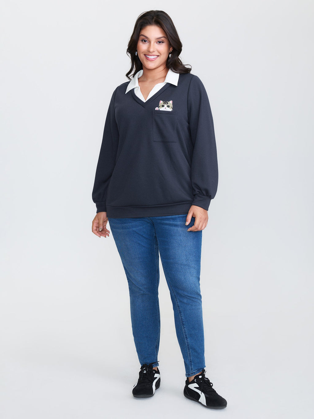 Hello Cat Stretchy Layered Twofer Sweatshirt