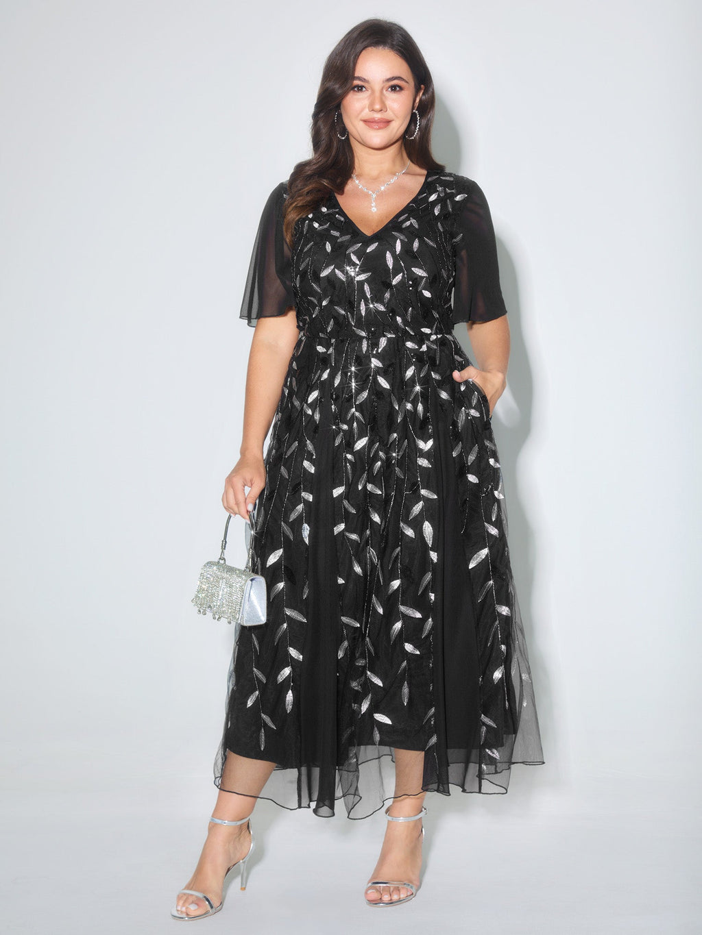 Leafy Print Sheer Sleeve V-Neck Midi Dress