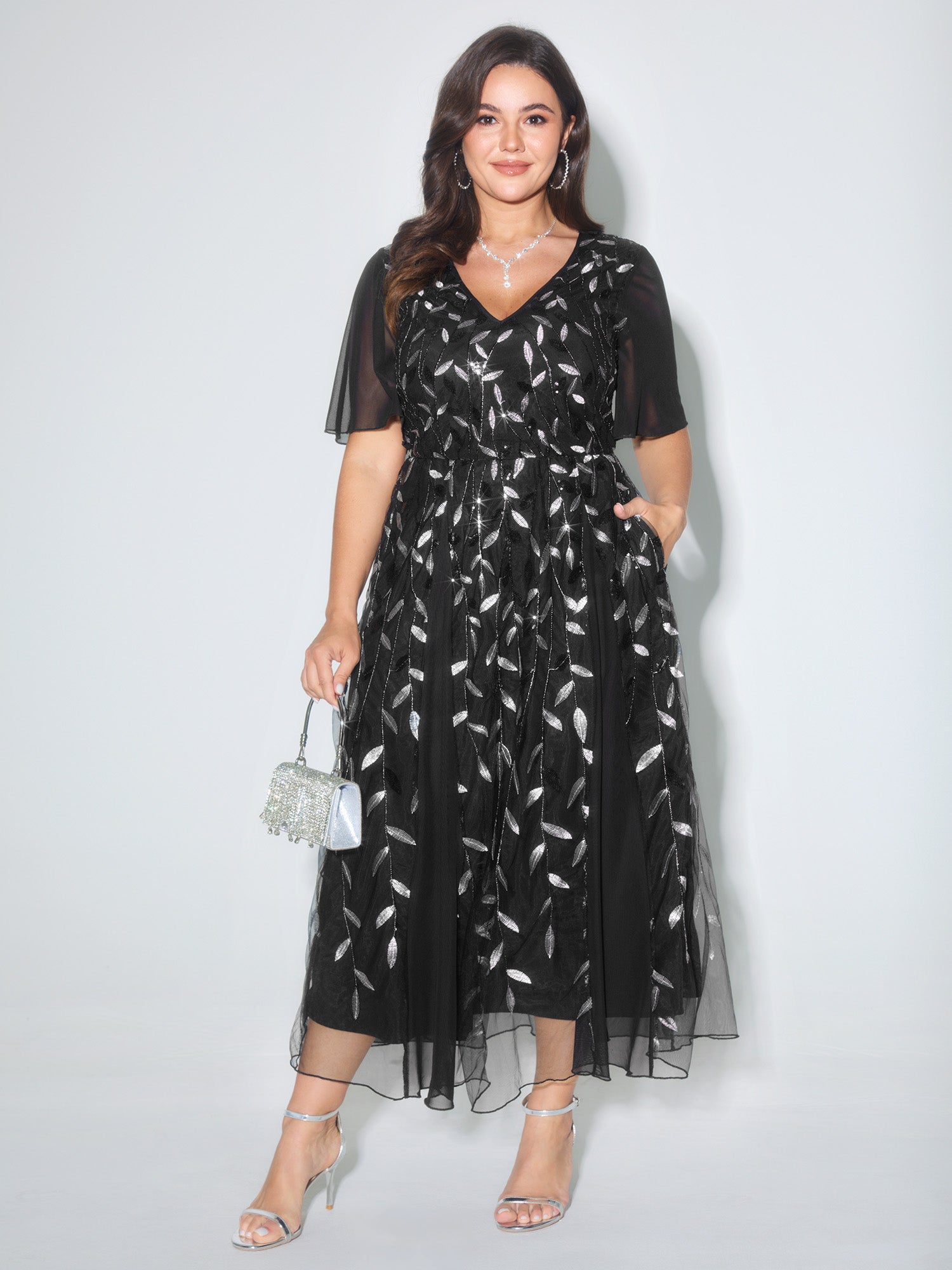 Leafy Print Sheer Sleeve V-Neck Midi Dress