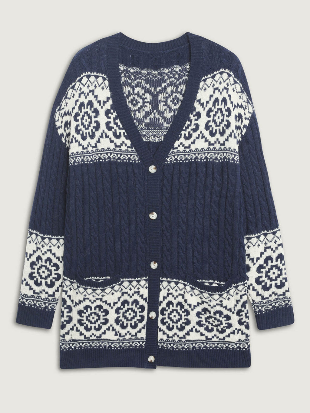 Cable Knit Floral Jacquard Pockets Knit Cardigan