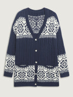 Cable Knit Floral Jacquard Pockets Knit Cardigan
