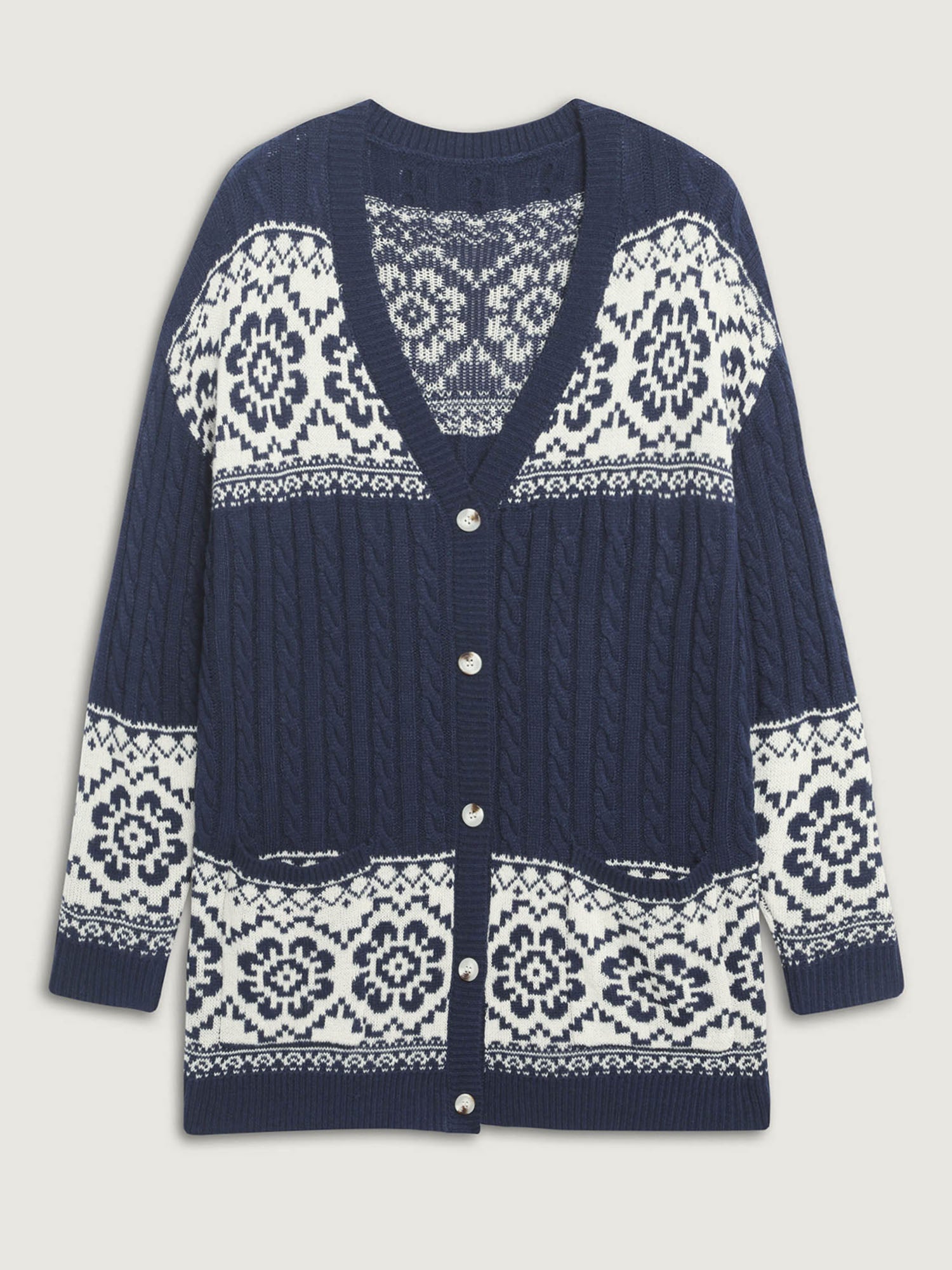 Cable Knit Floral Jacquard Pockets Knit Cardigan