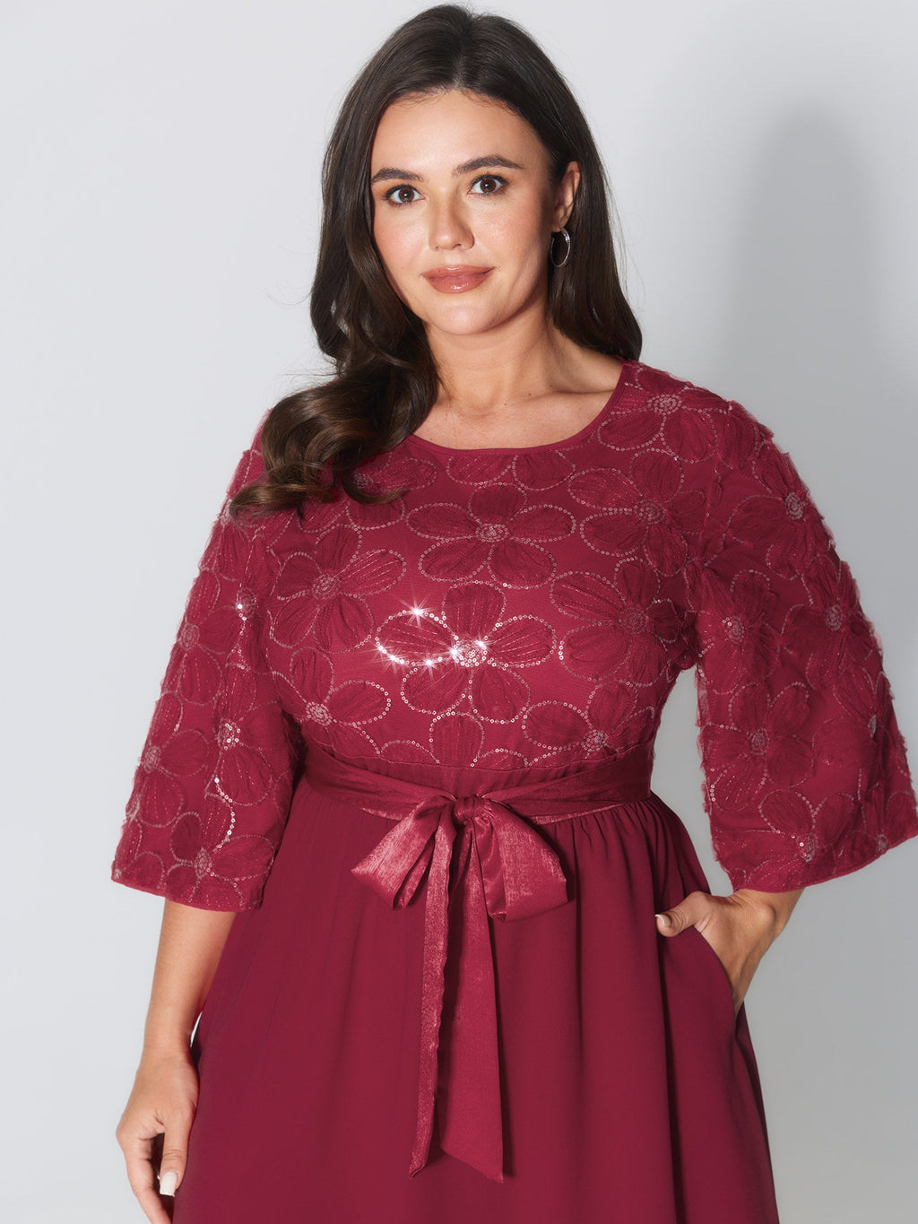 Sequin Floral Tulle Shirred Waist Maxi Dress