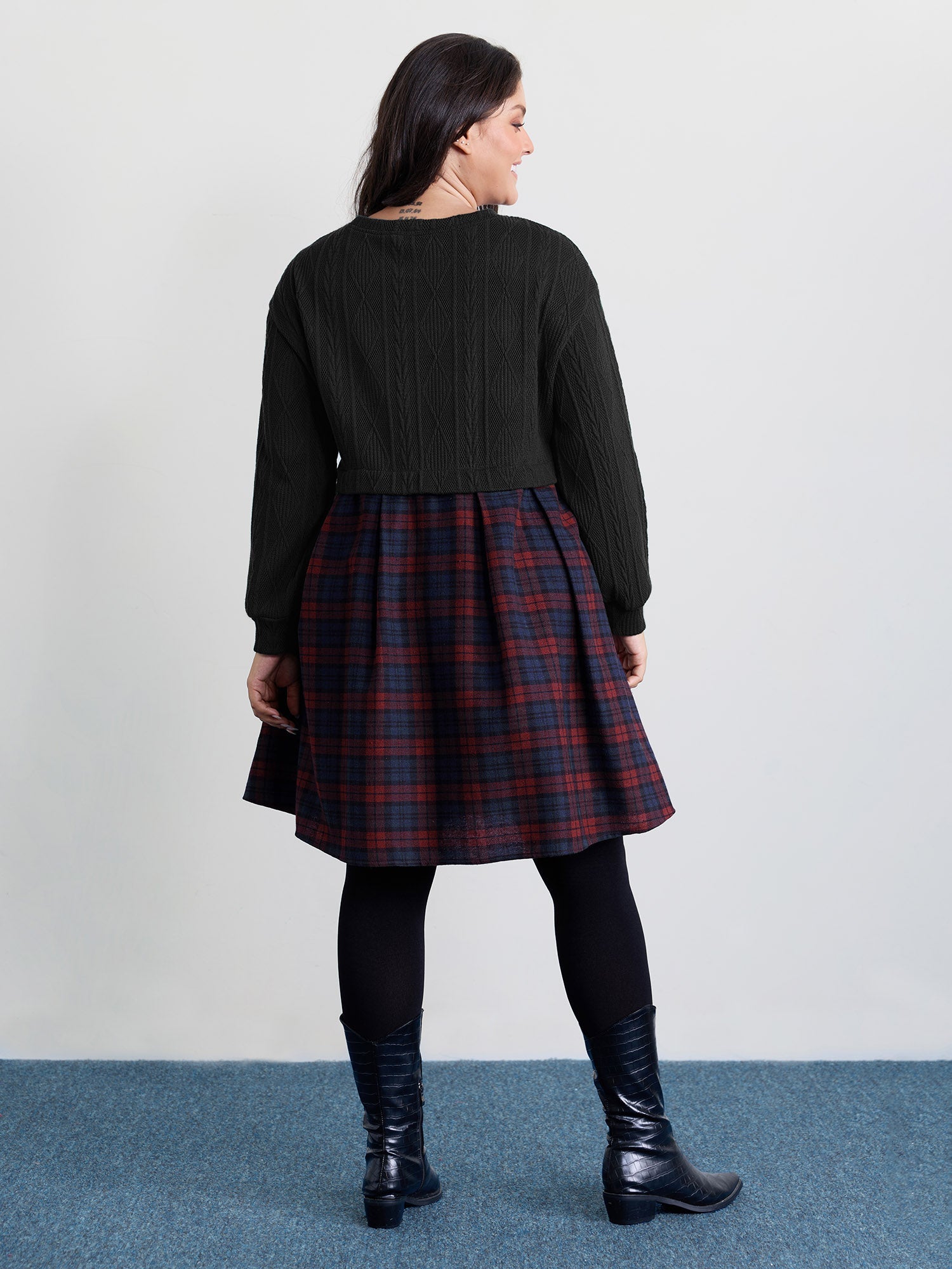 Layered Plaid Pockets Midi Dress