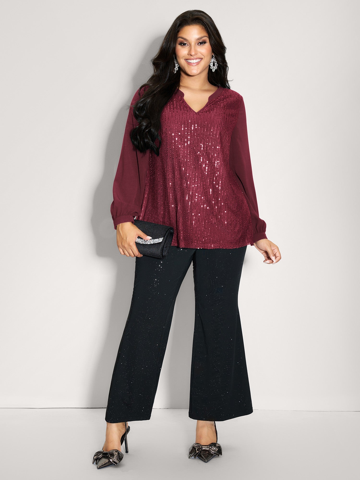 Shimmery Sequin Notched Collar Blouse