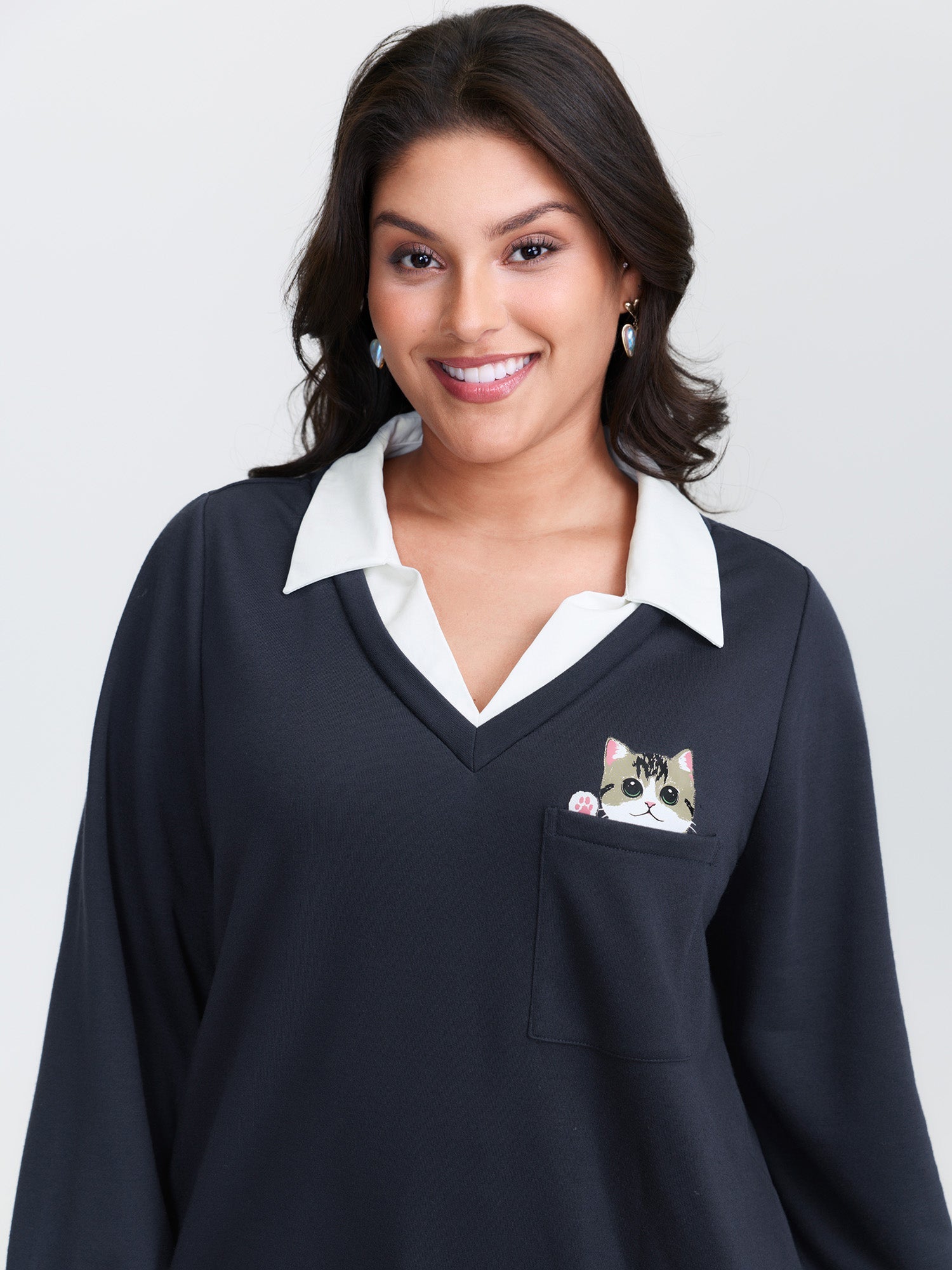 Hello Cat Stretchy Layered Twofer Sweatshirt