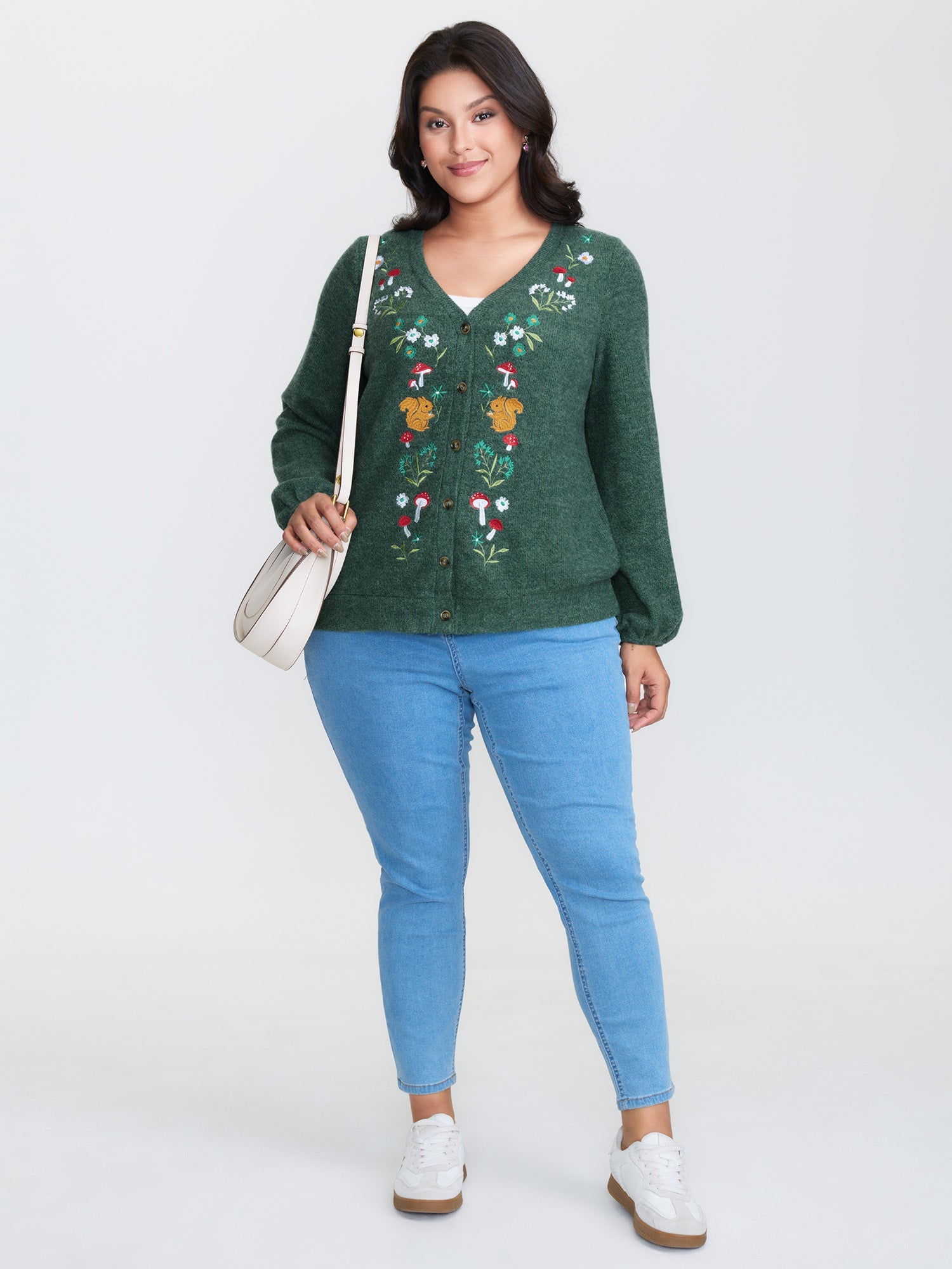 Squirrel Embroidered Button V-Neck Knit Cardigan