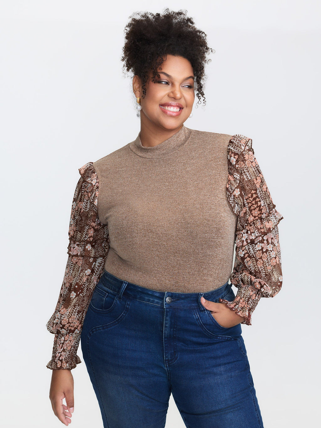 Floral Print Heather Mock Neck Knit Top