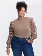 Floral Print Heather Mock Neck Knit Top