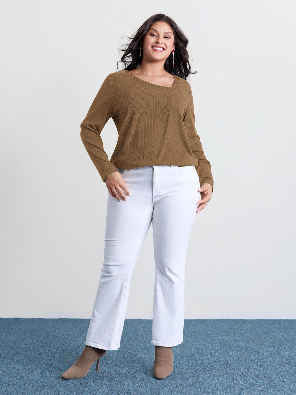 Super Stretchy Ribbed Asymmetrical Neck T-Shirt