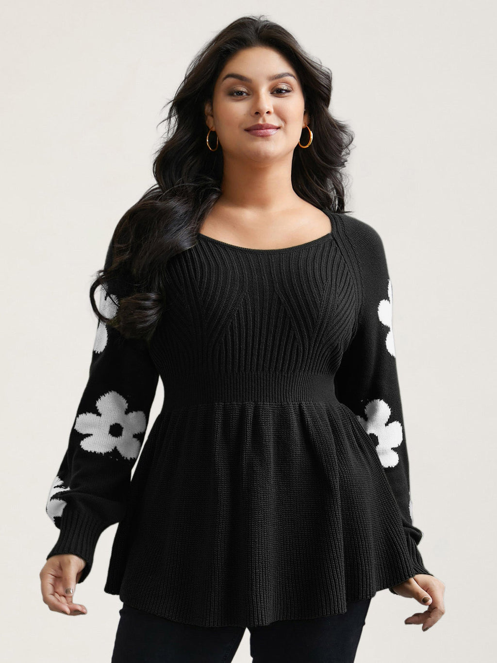 Floral Patch Jacquard Cinched Waist Pullover