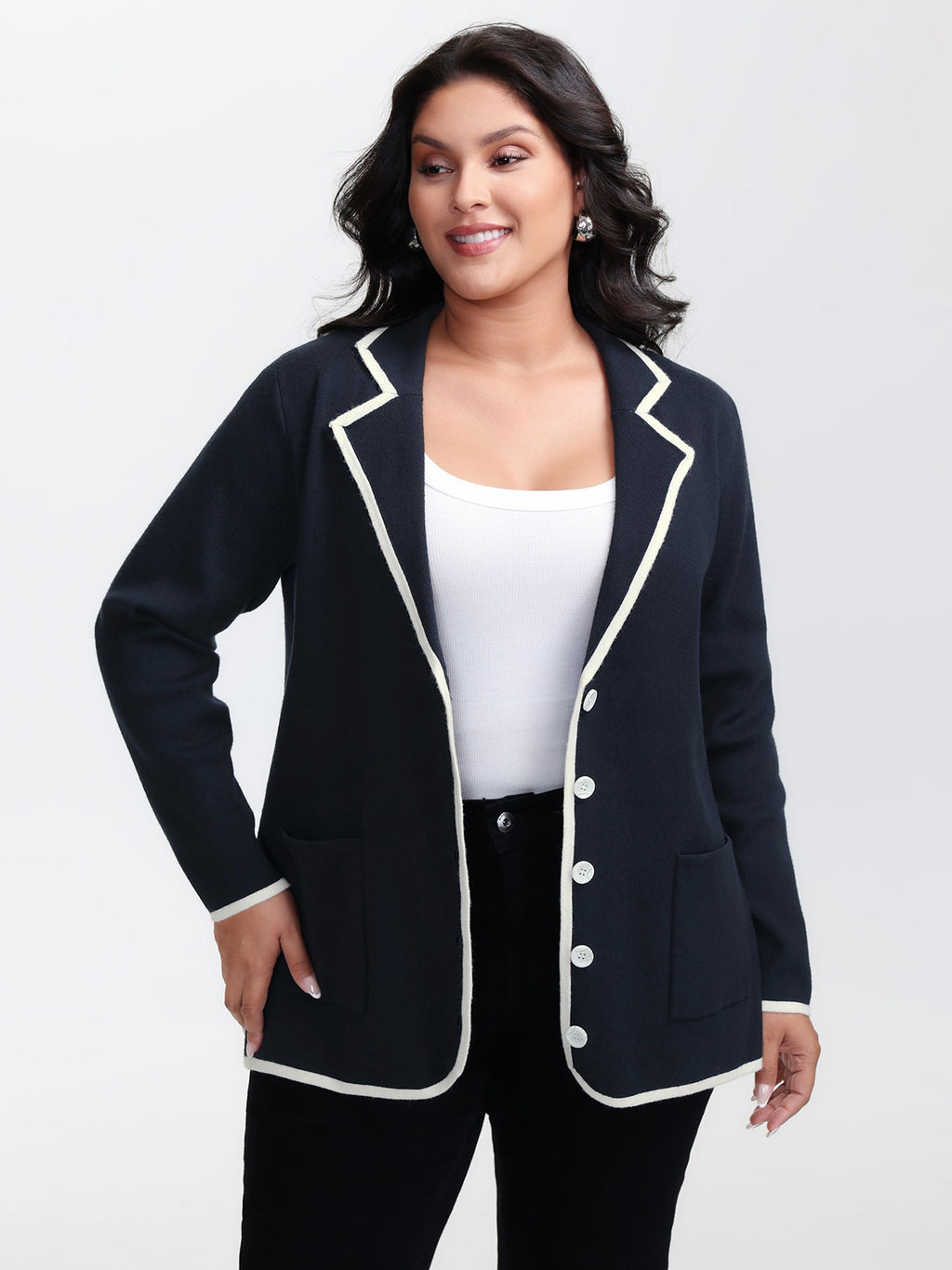 Blazer Collar Pockets Color Contrast Knit Cardigan