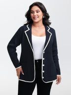 Blazer Collar Pockets Color Contrast Knit Cardigan