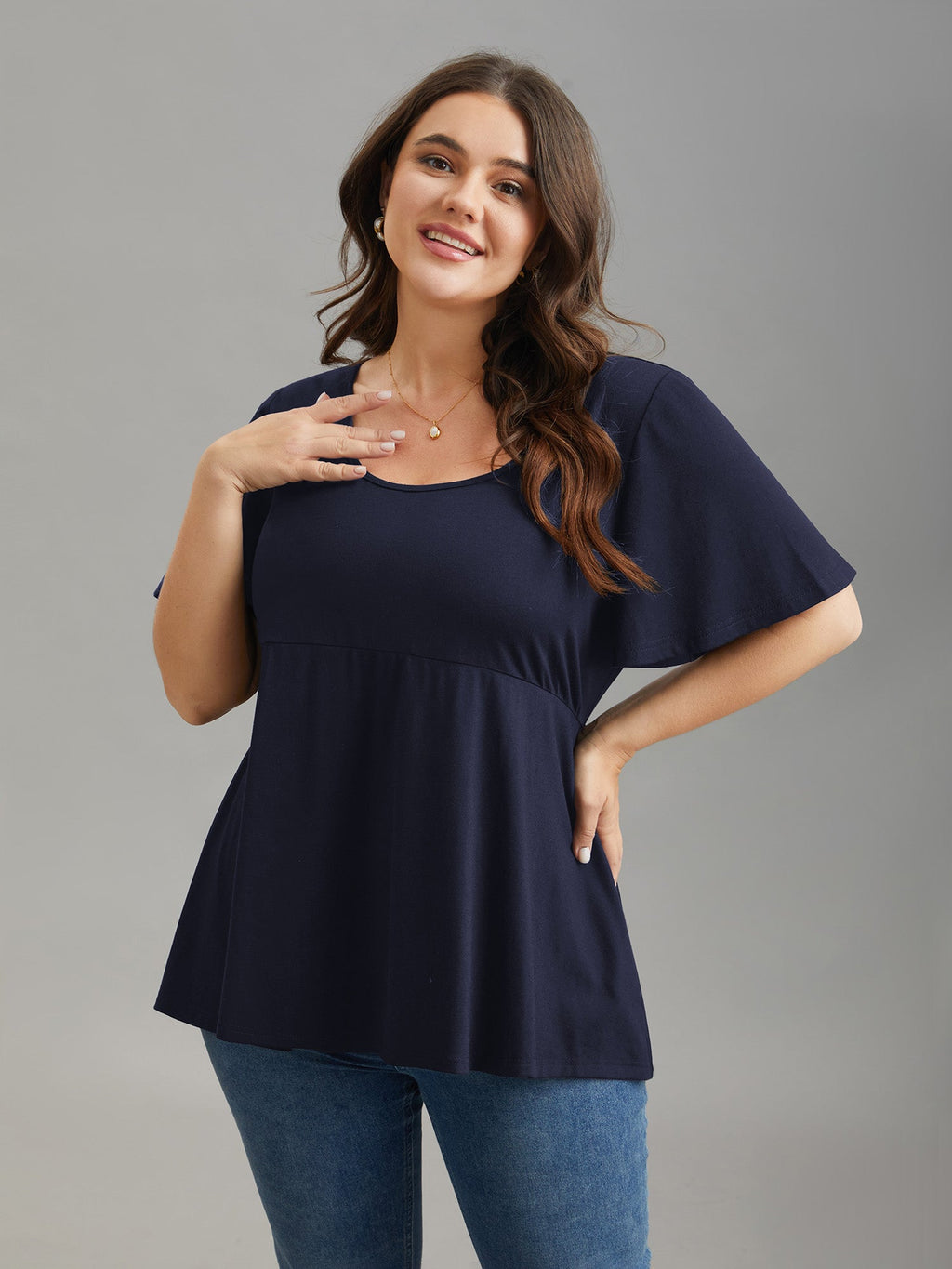 Ruffled Sleeve Round Neck Babydoll Top