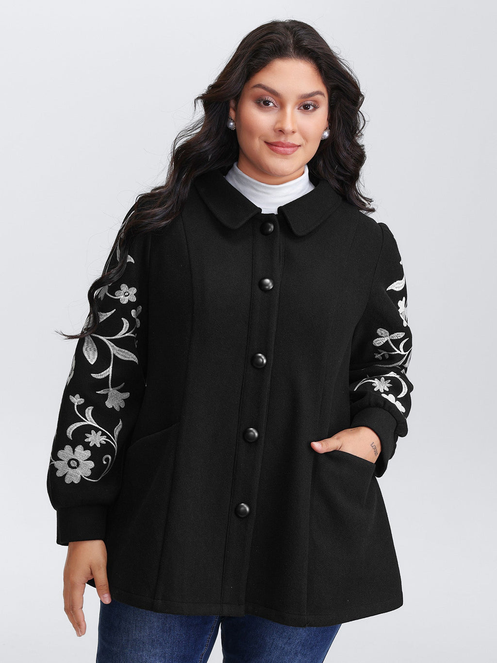 Floral Embroidered Sleeve Slant Pockets Coat