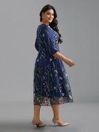 Floral Embroidered Elastic Waist Lined Midi Dress