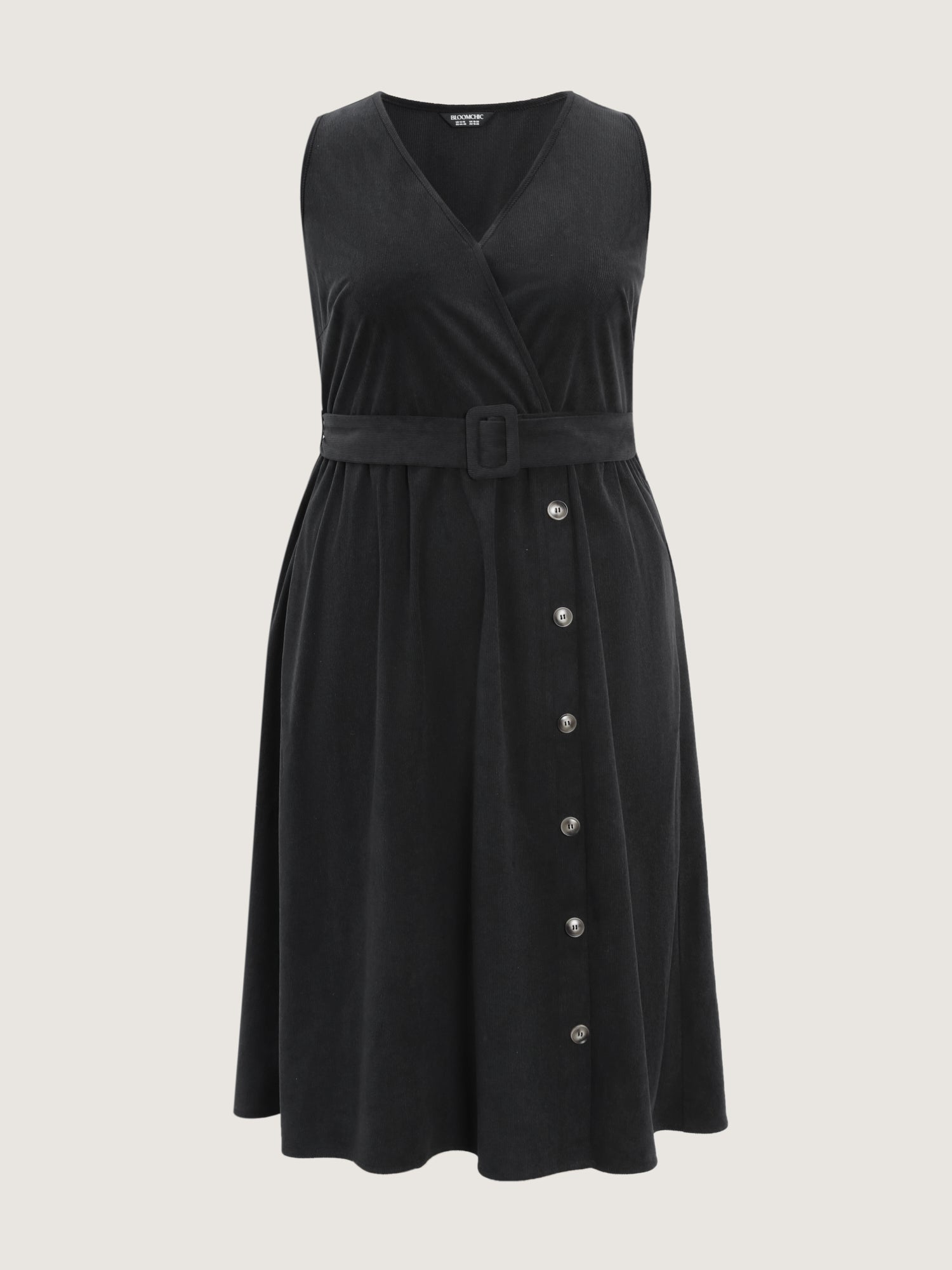 Corduroy Sleeveless Belted Side Midi Dress