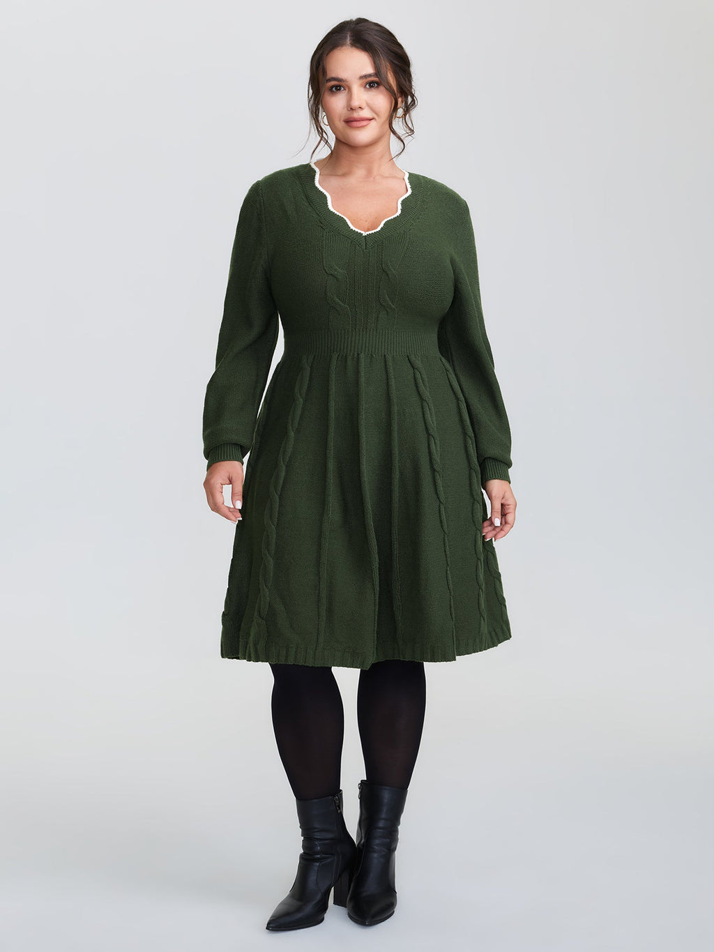 Scalloped V-Neck Fit and Flare Sweater Dress