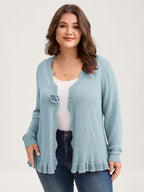 Supersoft Textured Floral Button Ruffled Hem Knit Cardigan