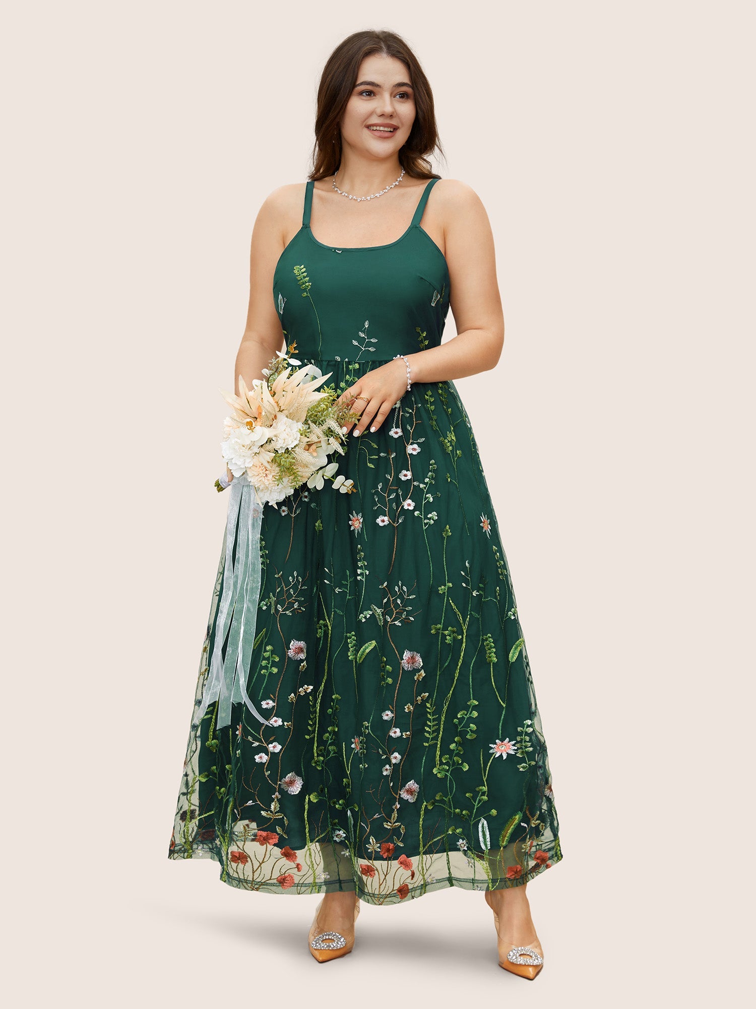 U Neck Floral Embroidered Mesh Cami Dress