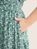 Ditsy Floral Sweetheart Drawstring Pocket Tiered Dress