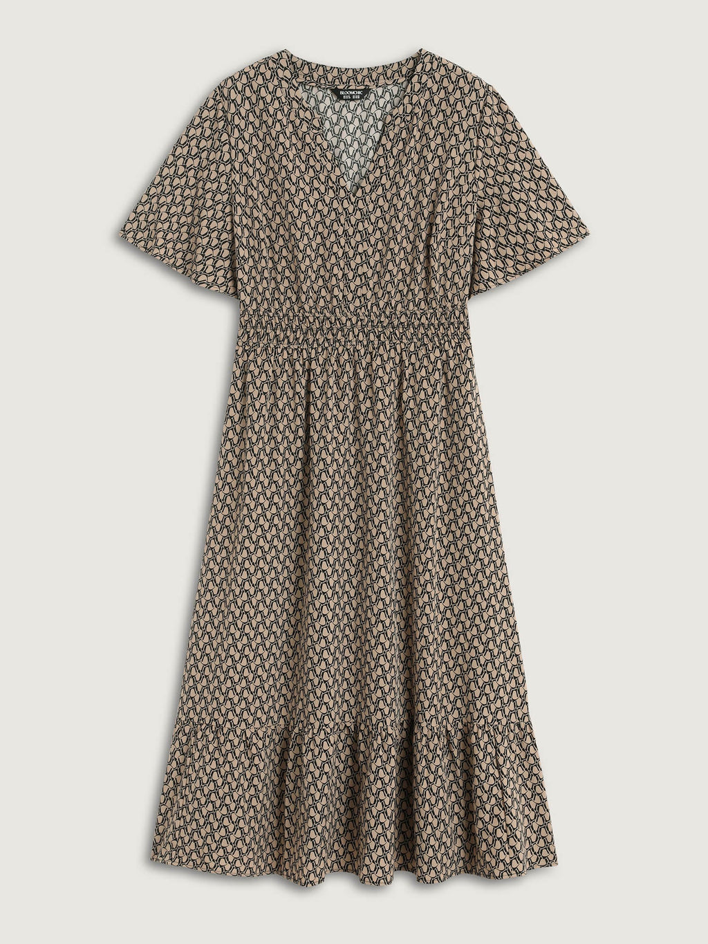 Geometric Print Waist-Cinched Tiered Midi Dress