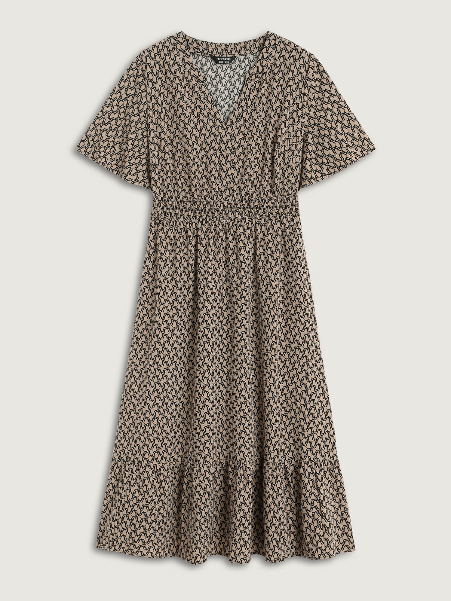 Geometric Print Waist-Cinched Tiered Midi Dress