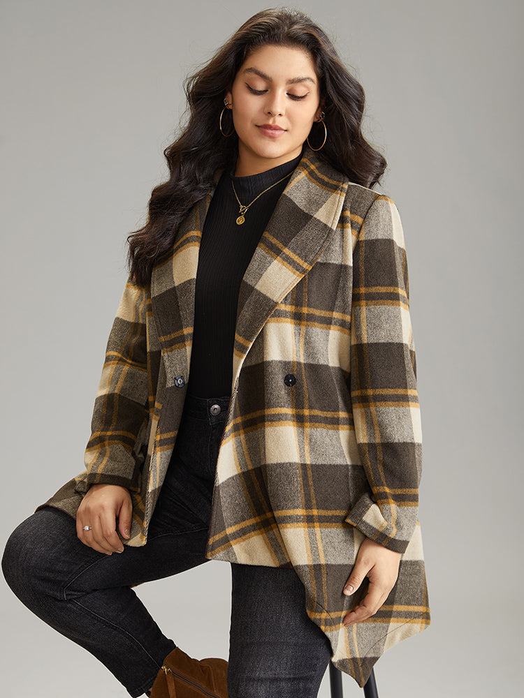 Plaid Belted Lapel Collar Hanky Hem Coat